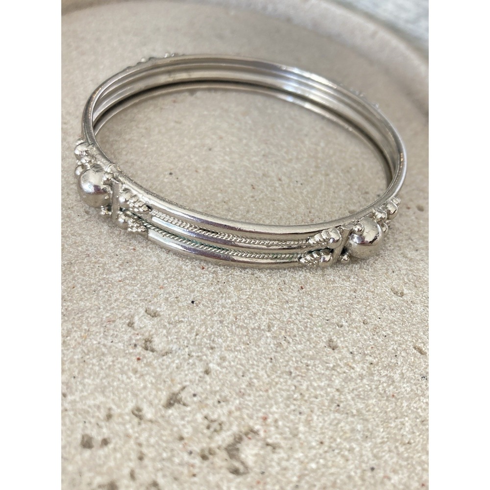 Silver Tone Hinged Bangle Bracelet Beaded Domed Accent Textured Elegant